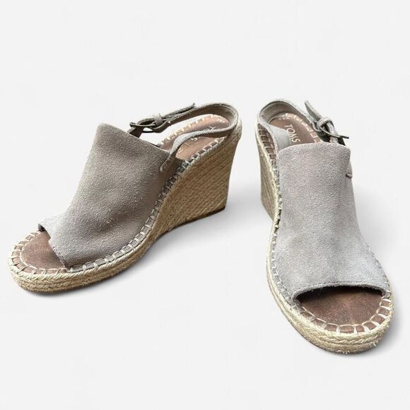 TOMS Taupe Suede Espadrille Wedge Sandals – Size 8.5 – Minimalist Coastal Summer - Picture 1 of 8